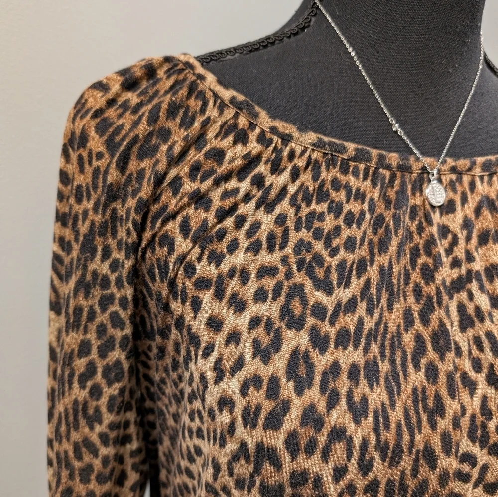 Michael Kors Leopard Printed Peasant Top Toffee 3/4 Sleeves